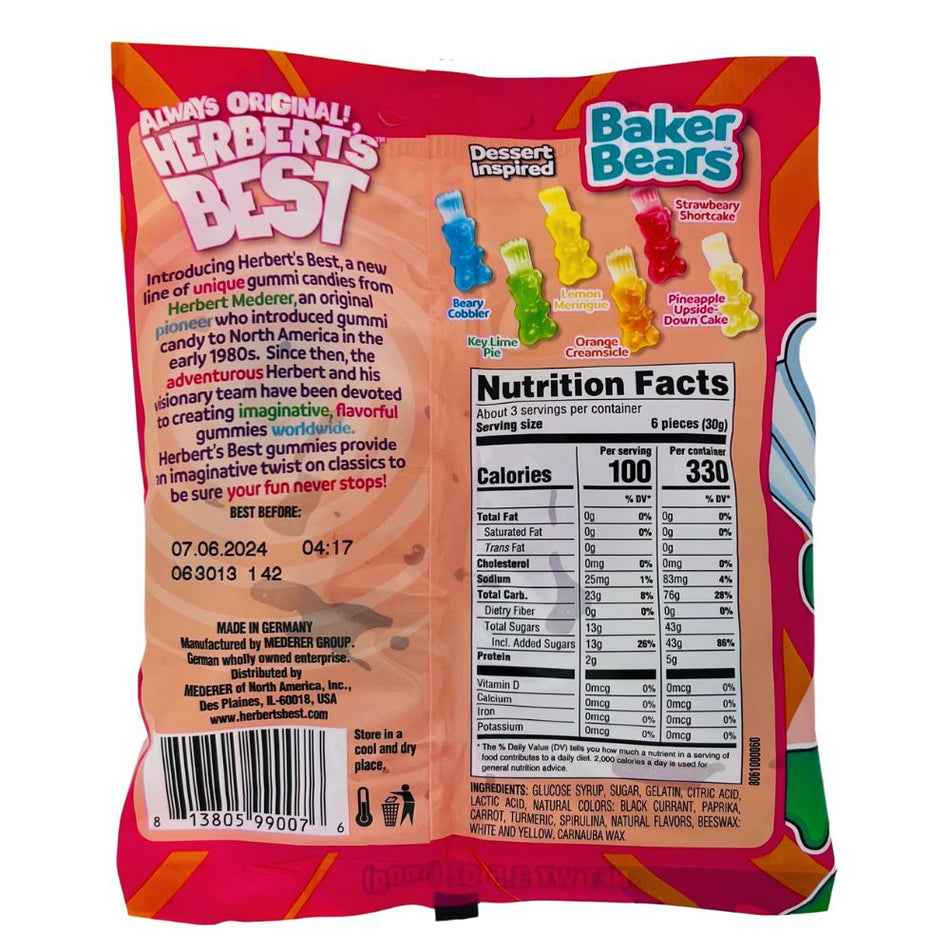 Herbert's Best Baker Bears - 3.5oz Nutrition Facts Ingredients-Gummy Bears-Orange Candy