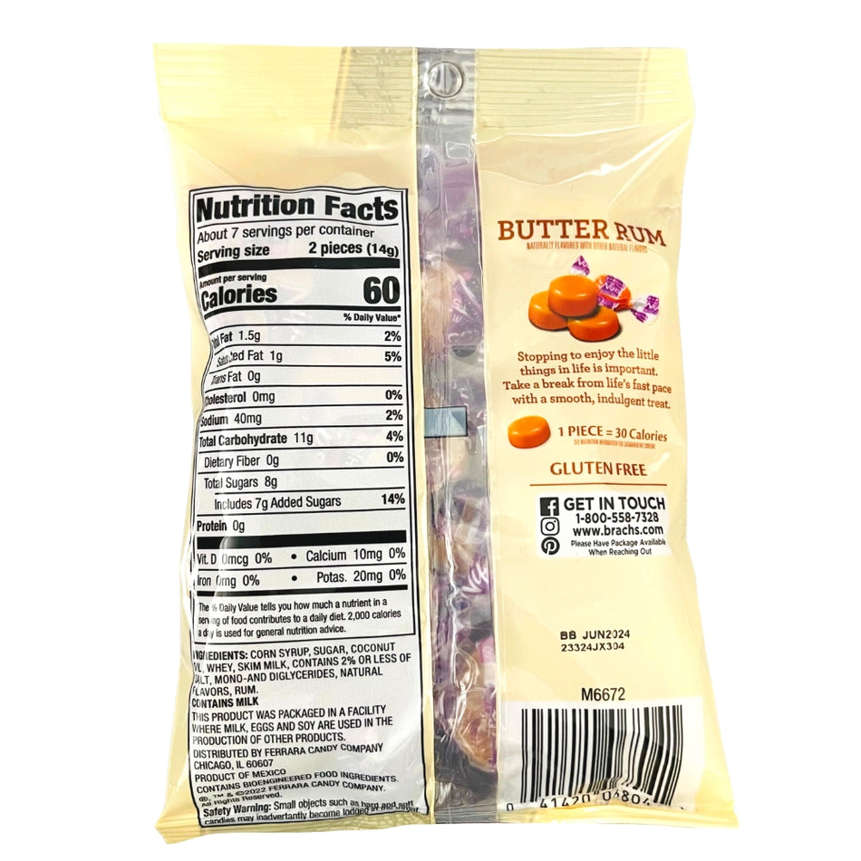 Brachs Nips Butter Rum Hard Candy Nutrition Facts Ingredients-Butter Rum Candy-Hard candies