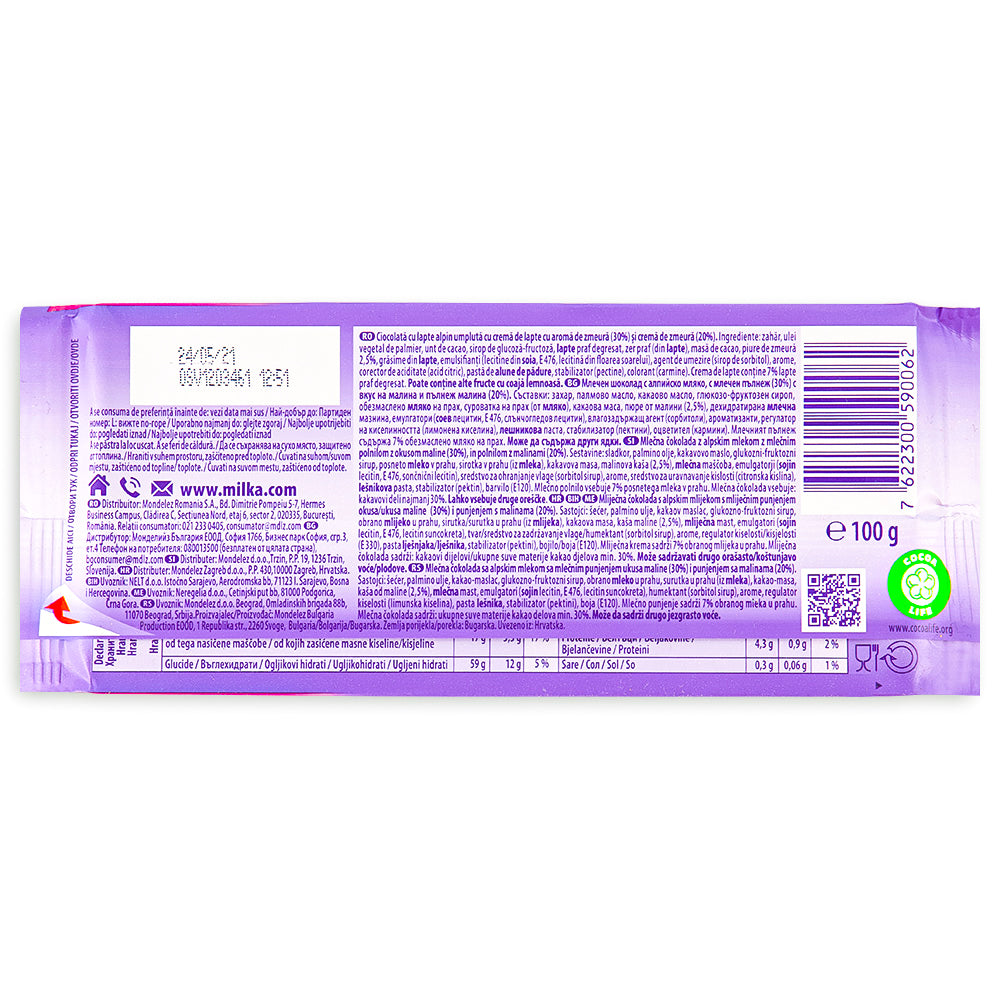 Milka Raspberry Creme Chocolate Bar - 100g Nutrition Facts Ingredients