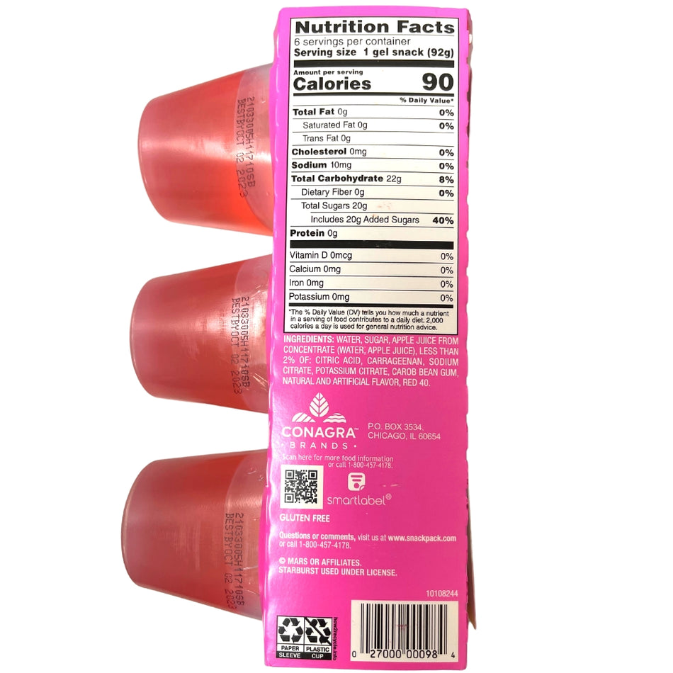 Snack Pack Pink Starburst 6pk - 552g Nutrition Facts Ingredients