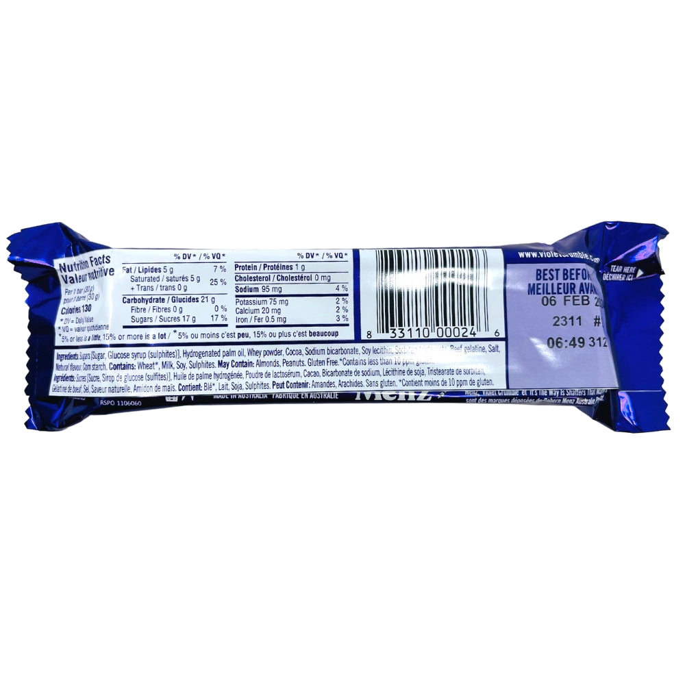 Violet Crumble Candy Bars - 30g (Aus) Nutrition Facts Ingredients