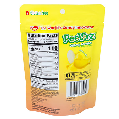 Amos Peelerz Gummy Banana - 6oz  Nutrition Facts Ingredients