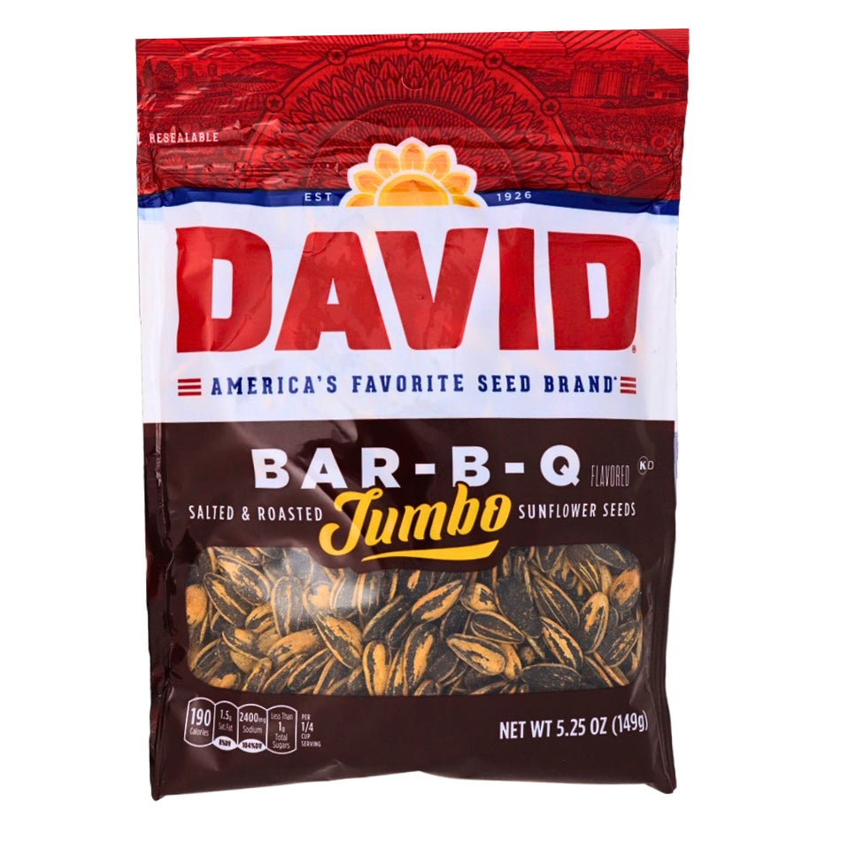 DAVID Bar-B-Q Jumbo Sunflower Seeds - 5.25 oz, DAVID Bar-B-Q Jumbo Sunflower Seeds, Satisfying crunch of sunflower seeds, Irresistible BBQ flavor, Ultimate snacking companion, Taste of summer all year round, BBQ delight and sunflower seed crunch, Davids sunflower seeds, davids seeds