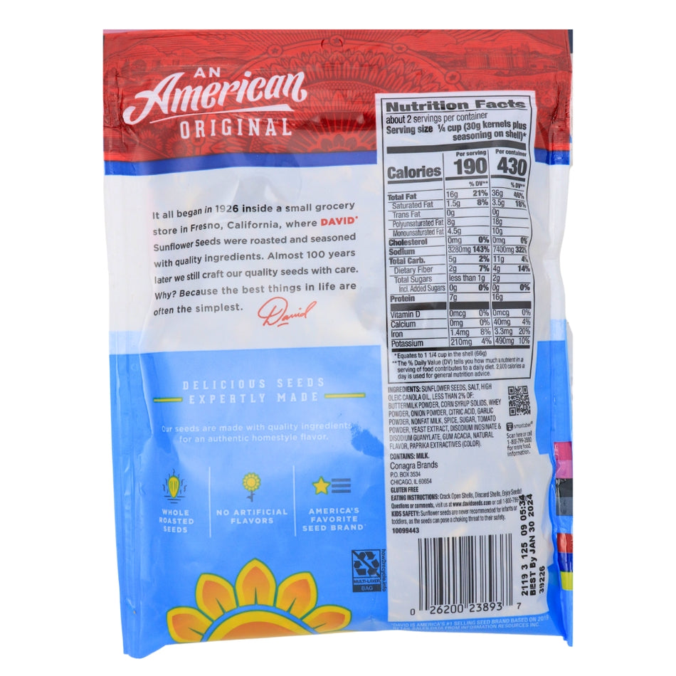 DAVID Buffalo Style Ranch Jumbo Sunflower Seeds - 5.25 oz Nutrition Facts Ingredients, DAVID Buffalo Style Ranch Jumbo Sunflower Seeds, Wing-spiced flavor adventure, Zesty kick of buffalo wings, Creamy coolness of ranch dressing, Burst of buffalo spice, Mini flavor explosion, Fiery tang of buffalo sauce, Comforting embrace of ranch, Bold and satisfying crunch, Flavor fun and sunflower seed adventure, Davids sunflower seeds, davids seeds, ranch sunflower seeds, buffalo sunflower seeds