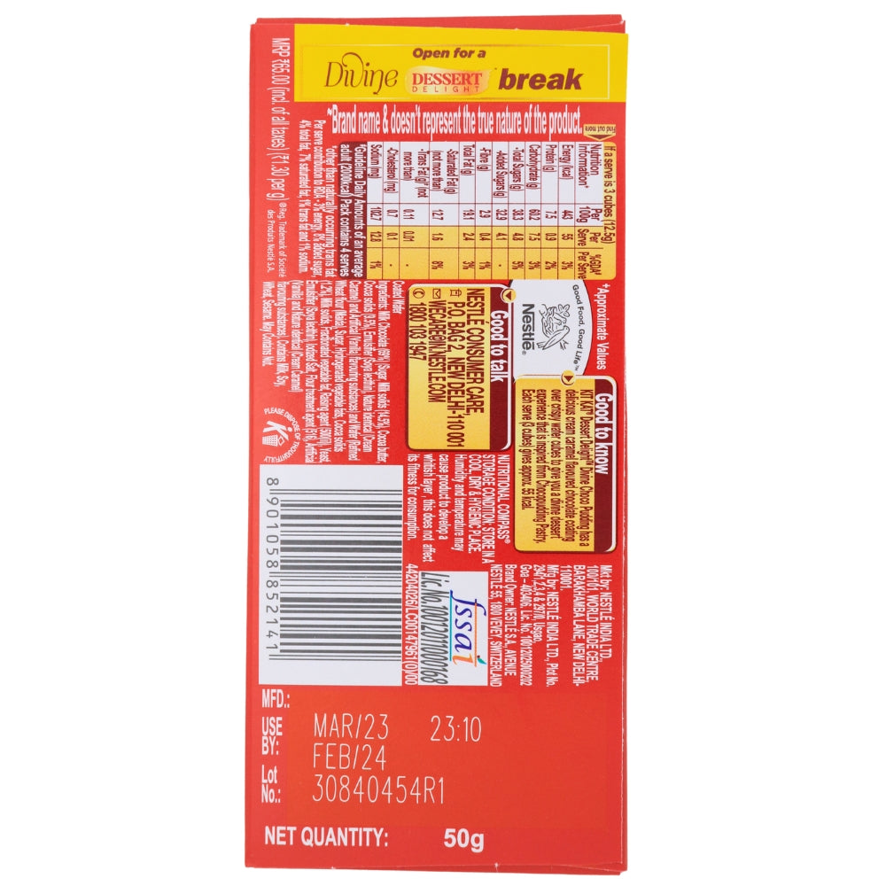 Kit Kat Dessert Delight Divine Choco Pudding (India) - 50g Nutrition Facts Ingredients -Kit Kat - Chocolate Bar - Indian Candy