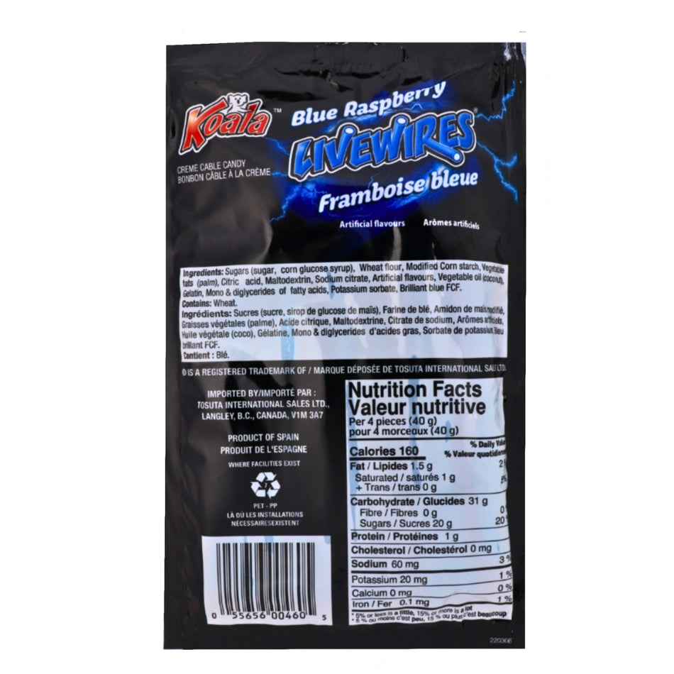 Koala Livewires Blue Raspberry Cream Cables Candy-100 g Nutrition Facts Ingredients, koala candy, koala livewires, koala blue raspberry livewires, blue raspberry candy, blue candy