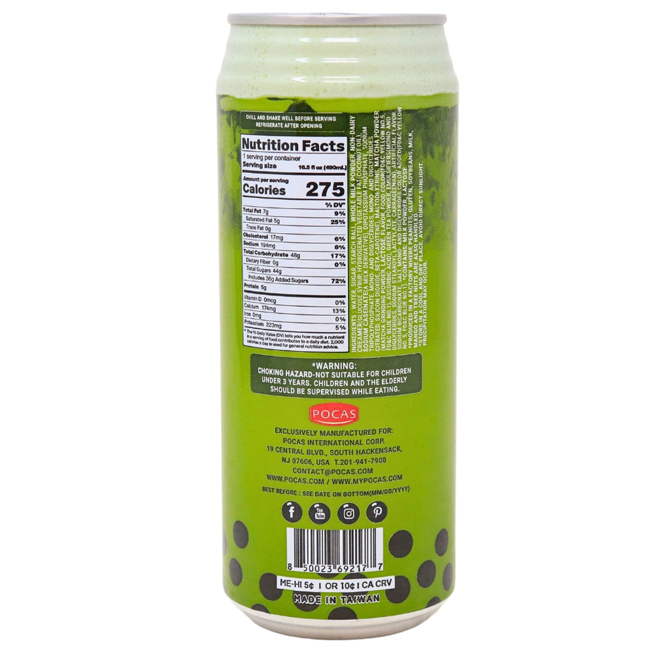 Pocas Bubble Tea with Tapioca Pearls Matcha - 16.5oz Nutrition Facts Ingredients-Bubble Tea-How to make Matcha-Tapioca Pearls