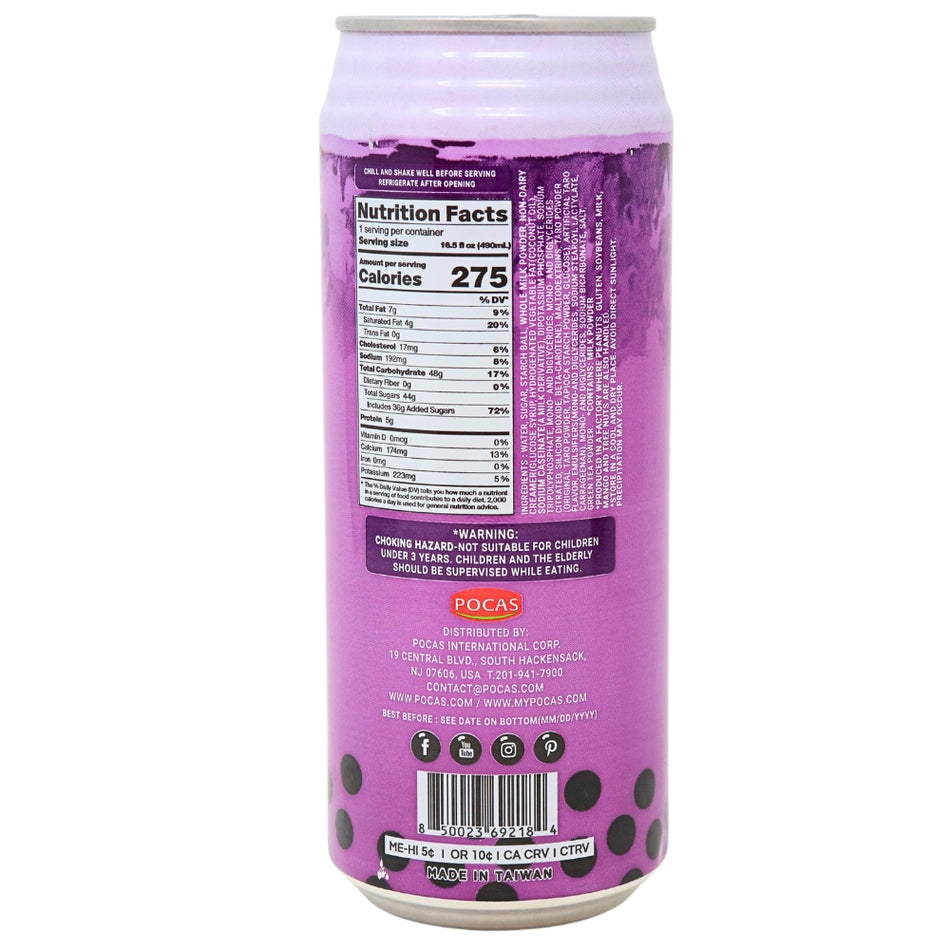 Pocas Bubble Tea with Tapioca Pearls Taro - 16.5oz Nutrition Facts Ingredients-Bubble Tea-Tapioca Pearls-Taro Boba