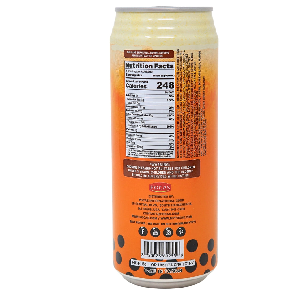 Pocas Bubble Tea with Tapioca Pearls Thai Tea - 16.5oz Nutrition Facts Ingredients-Bubble Tea-Tapioca Pearls-Thai Tea