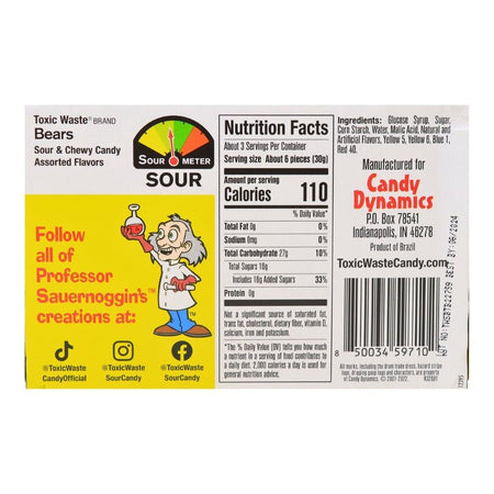 Toxic Waste Sour Bears Theater Box - 3oz, Toxic Waste Sour Bears Theater Box, Sour candy sensation, Tangy punch, Chewy sour goodness, Intense sour flavors, Sweet and sour treat, Convenient theater box, Sharing candy, Pucker-worthy experience, Sour-licious fun, toxic waste, toxic waste candy, sour candy