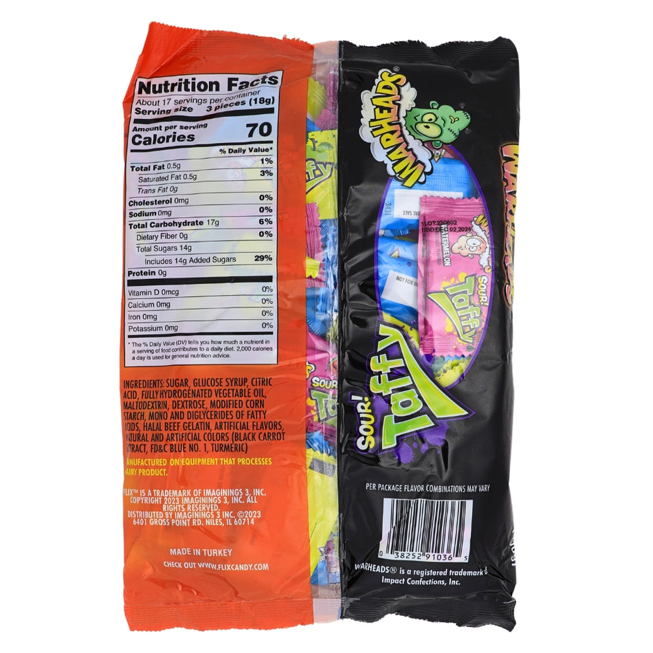 Warheads Taffy 50ct - 10.58oz Nutrition Facts Ingredients -Warheads - Sour Candy - Blue Raspberry