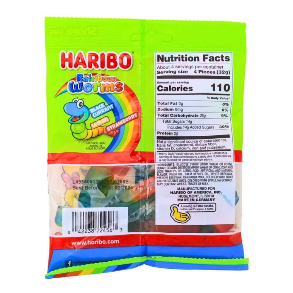 Haribo Rainbow Worms - 5oz ingredients nutrition facts, Haribo, haribo gummy, haribo gummies, soft gummy, chewy gummies, chewy gummy, german candy, german haribo, haribo candy, gummy worm, gummy worms