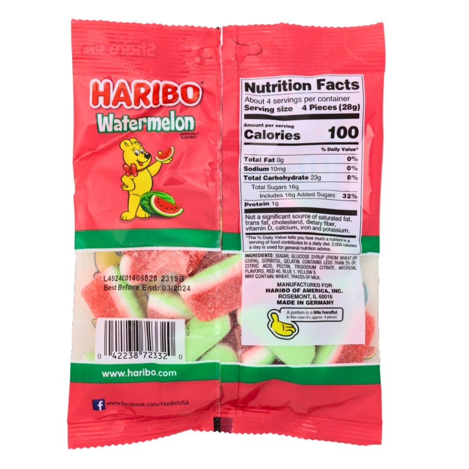 Haribo Watermelon Gummi Candy-4.1oz ingredients nutrition facts, Haribo Watermelon Gummi Candy, watermelon flavor, tropical, whimsical gummies, sweet treats, refreshing snack, haribo, haribo gummy, haribo gummies, german candy, sour gummy, sour gummies, german gummies, gummies, gummy candy, best gummies