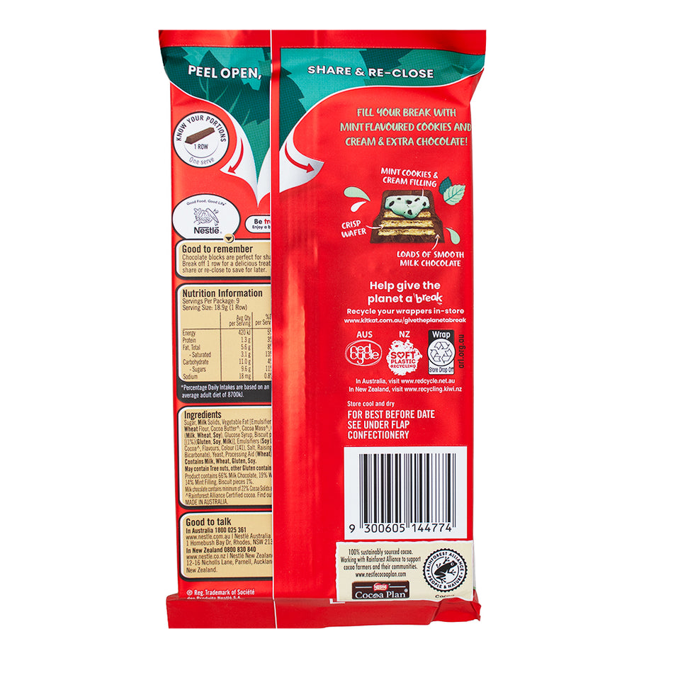 Kit Kat Mint Cookies and Cream (Aus) - 170g Nutrition Facts Ingredients