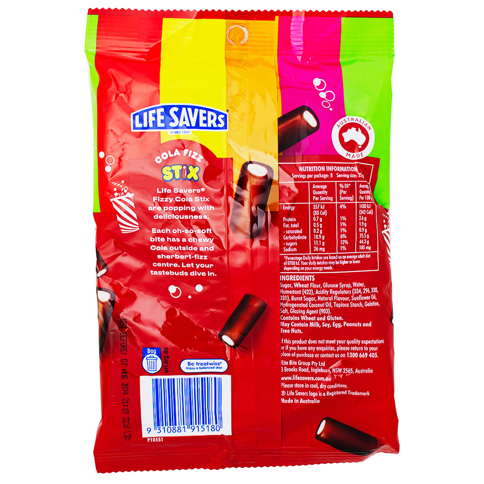 Lifesavers Stix Cola Fizz (Aus) - 200g Nutrition Facts Ingredients