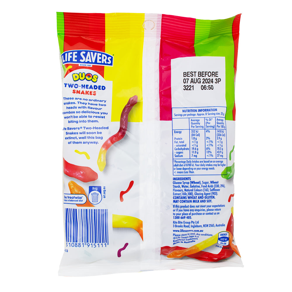 Lifesavers Duos Two-Headed Snakes (Aus) - 192g Nutrition Facts Ingredients