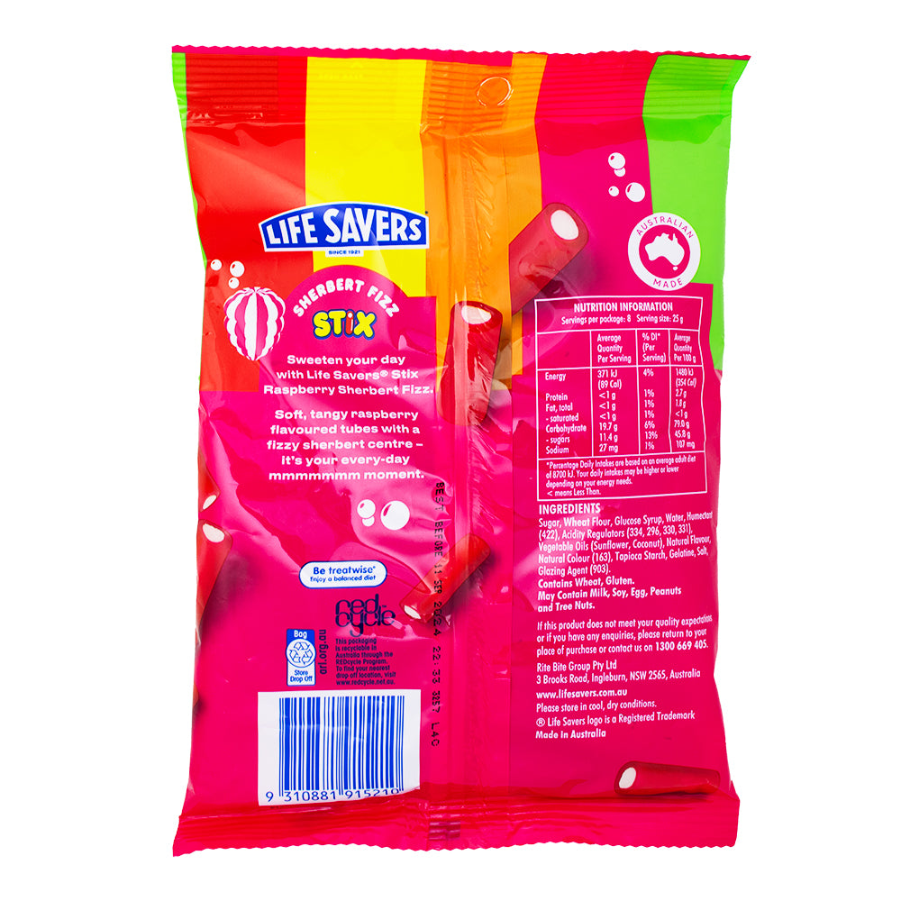 Lifesavers Stix Raspberry Sherbet Fizz (Aus) - 200g Nutrition Facts Ingredients