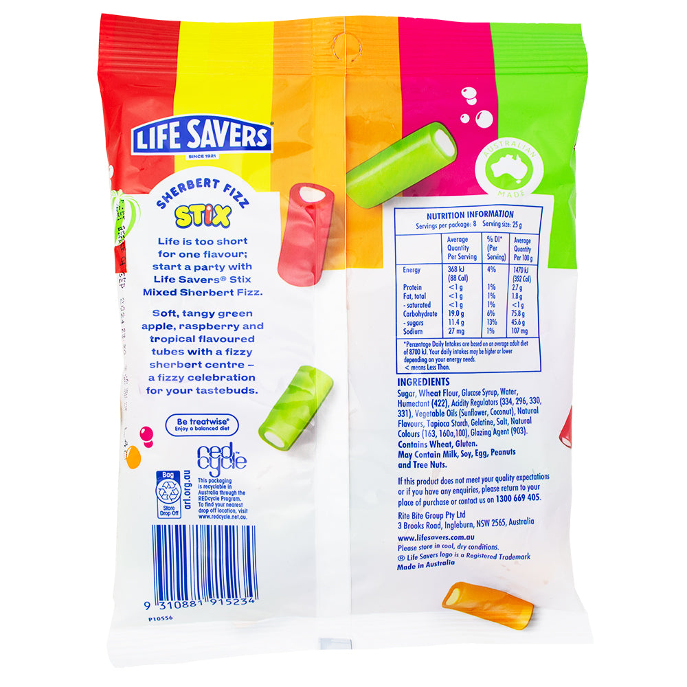 Lifesavers Stix Mixed Sherbert Fizz (Aus) - 200g Nutrition Facts Ingredients