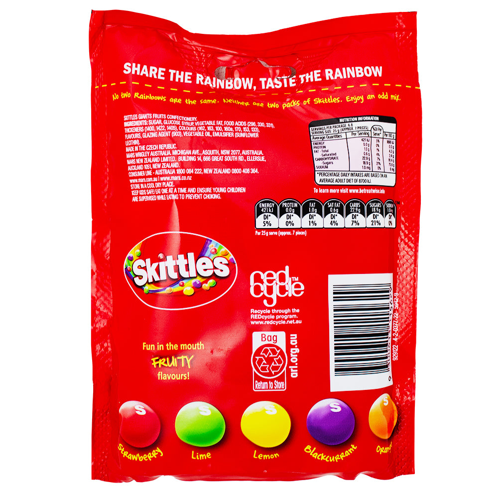 Skittles Giants (Aus) - 170g Nutrition Facts Ingredients