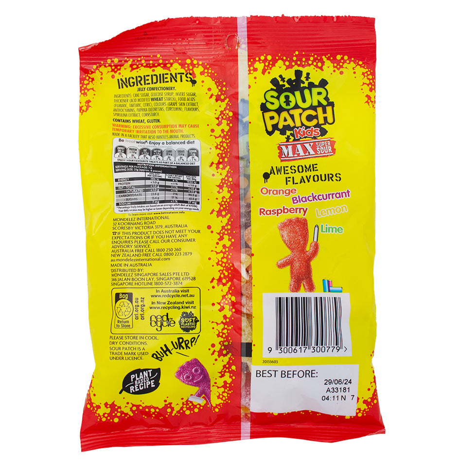 Sour Patch Kids Max Sour (Aus) - 190g Nutrition Facts Ingredients