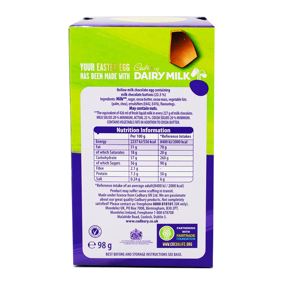 Cadbury Dairy Milk Buttons Easter Egg (UK) - 98g   Nutrition Facts Ingredients