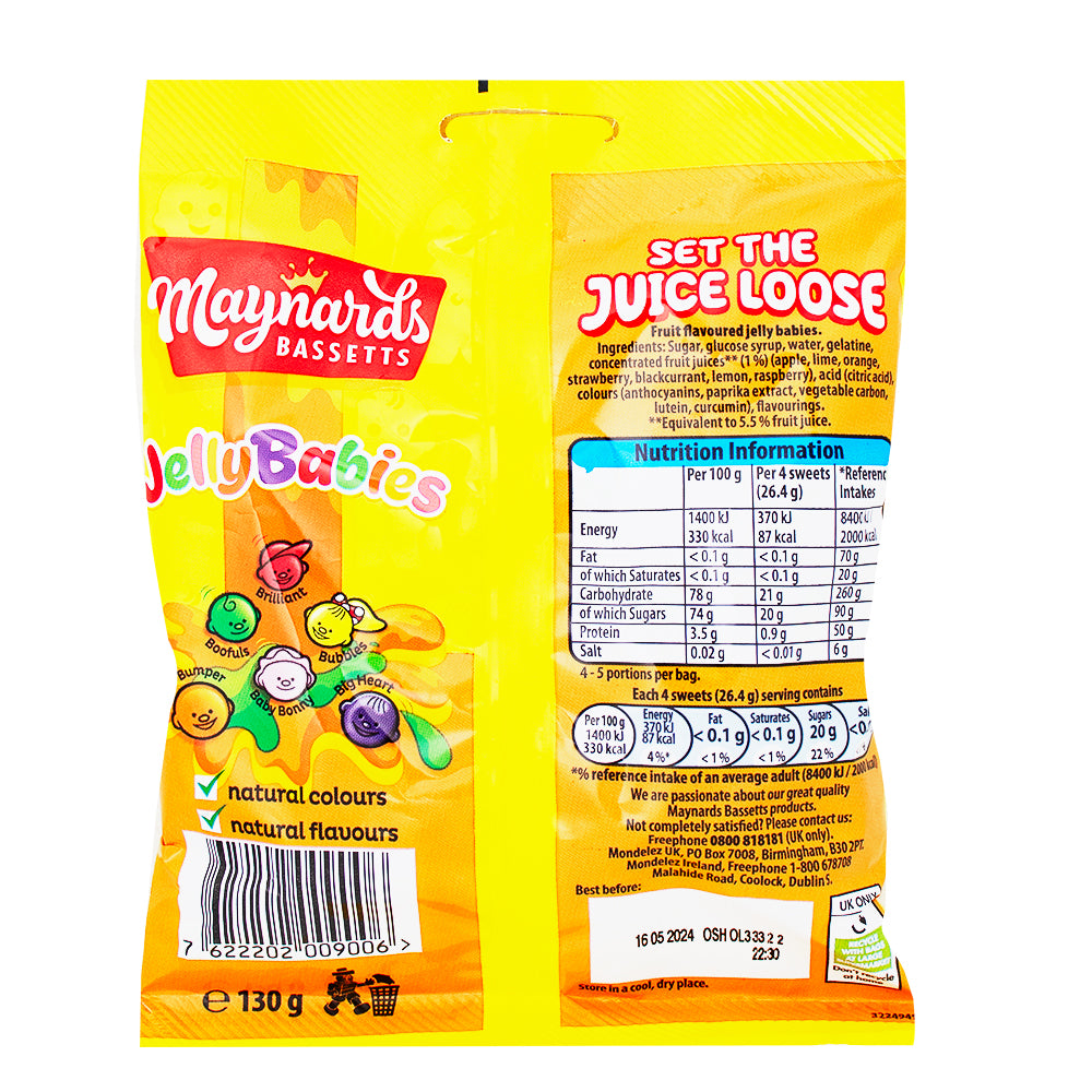 Maynards Bassetts Jelly Babies (UK) - 130g Nutrition Facts Ingredients