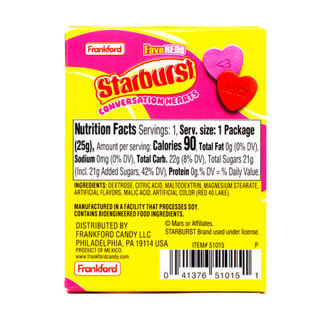 Starburst Conversation Hearts - .88oz Nutrition Facts Ingredients-Conversation hearts-Candy hearts-Pink candy Starburst