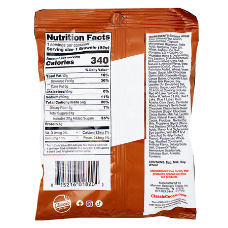 Classic Soft Baked Cookie Brownie with Hershey's Candy Chips - 3oz Nutrition Facts Ingredients