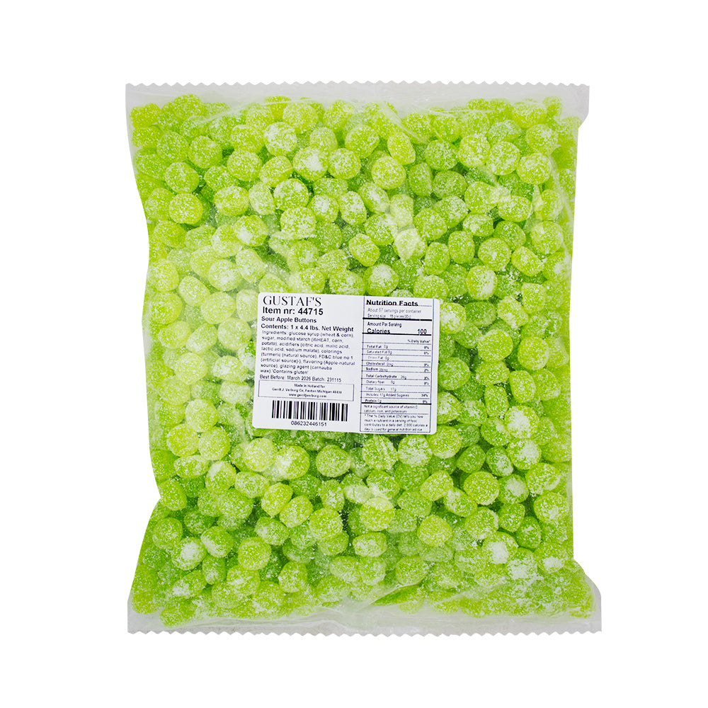 Gustaf's Sour Apple Buttons - 2kg  Nutrition Facts Ingredients - Bulk Candy - Sour Candy