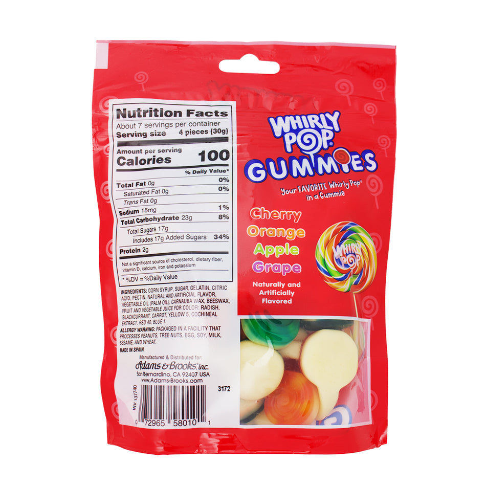 Adams & Brooks Whirly Pop Gummies - 7.5oz Nutrition Facts Ingredients