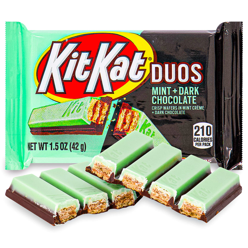 Kit Kat Duos Mint Dark Chocolate 1.5oz Opened, mint chocolate, kit kat, kit kat chocolate, kit kat mint chocolate, dark chocolate, mint dark chocolate