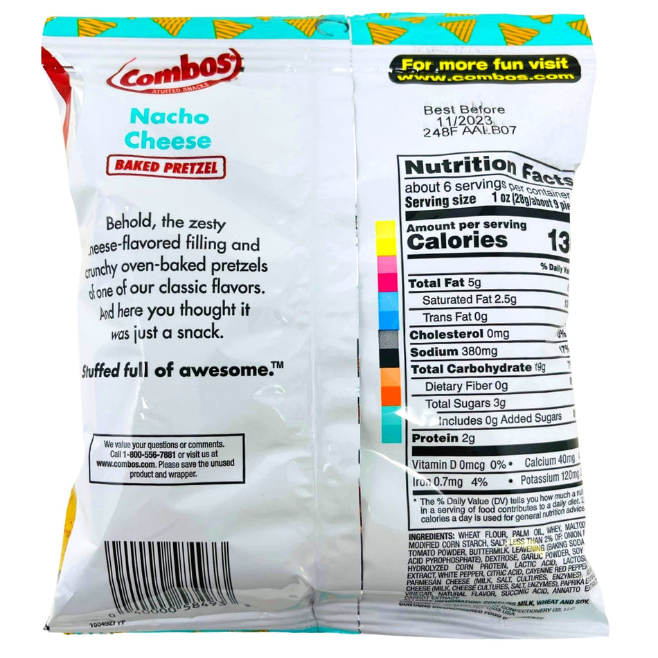 Combos Nacho Cheese - 6.3oz Back Nutrition Facts, combos nacho cheese, combos snacks, savory snacks, salty snacks, pretzel snacks, pretzel snack