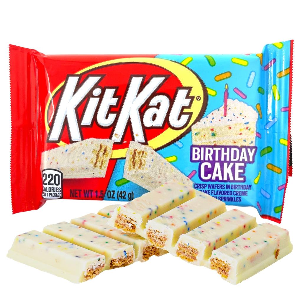 Kit Kat Birthday Cake 42g Open, Kit Kat, Birthday Cake, celebration, whimsical twist, crispy wafers, white chocolate, party, confection, sweetness, festivity, kit kat chocolate, kit kat chocolate bar, kit kat birthday cake, kit kat limited edition