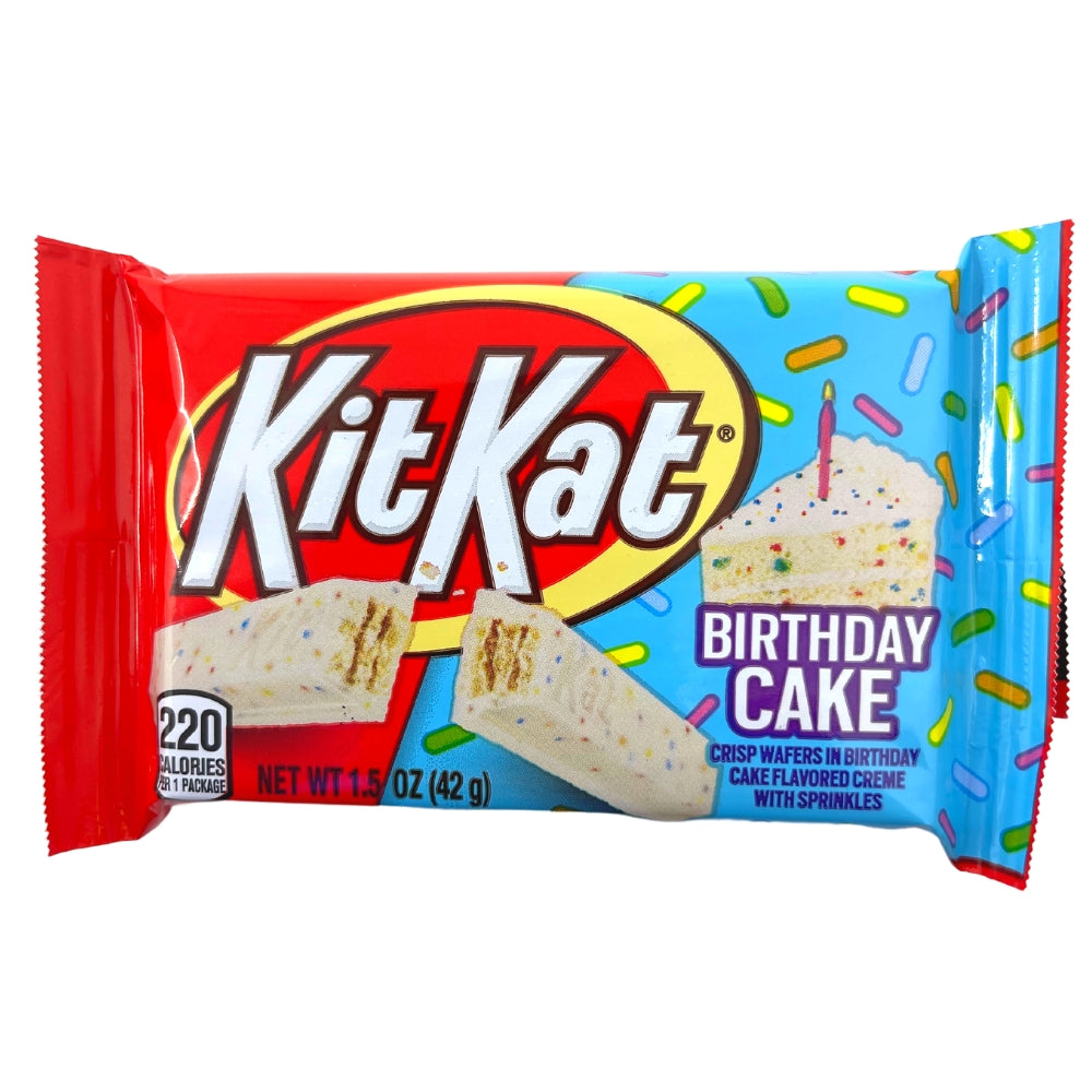 Kit Kat Birthday Cake 42g Front, Kit Kat, Birthday Cake, celebration, whimsical twist, crispy wafers, white chocolate, party, confection, sweetness, festivity, kit kat chocolate, kit kat chocolate bar, kit kat birthday cake, kit kat limited edition