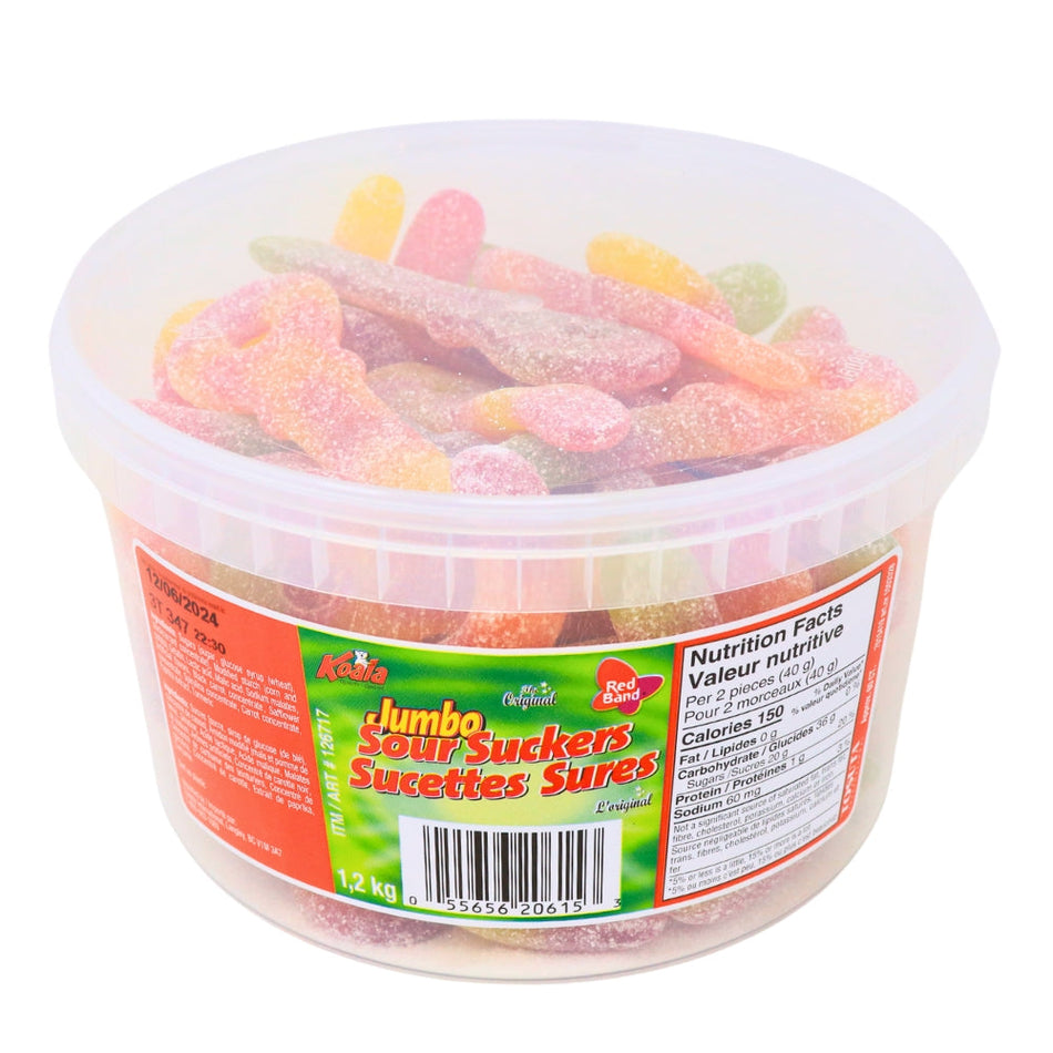 Koala Jumbo Sour Suckers Tub 60 CT Front Ingredients Nutrition Facts, sour keys, sour gummy, koala sour suckers, sour candy