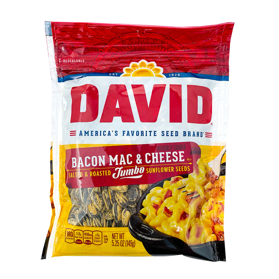 DAVID Bacon Mac & Cheese Jumbo Sunflower Seeds 149g, Davids Seeds, David Sunflower Seeds, Davids Sunflower Seed, Sunflower Seeds, Bacon Mac & Cheese Sunflower Seeds, DAVID Bacon Mac & Cheese Sunflower Seed